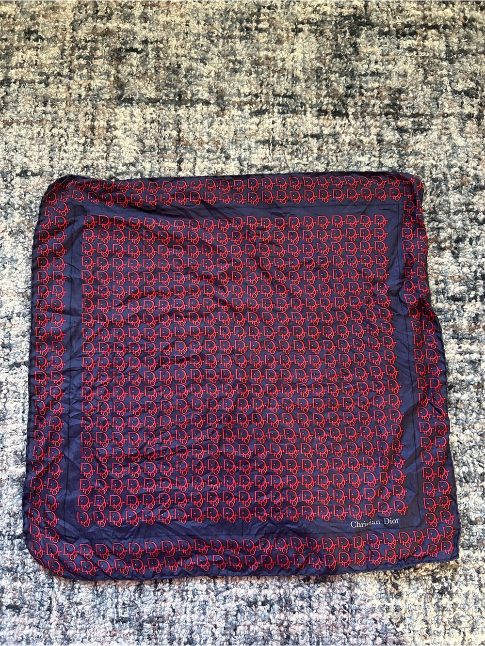 ·Christian Dior· Vintage Navy and Red Silk Logo Scarf